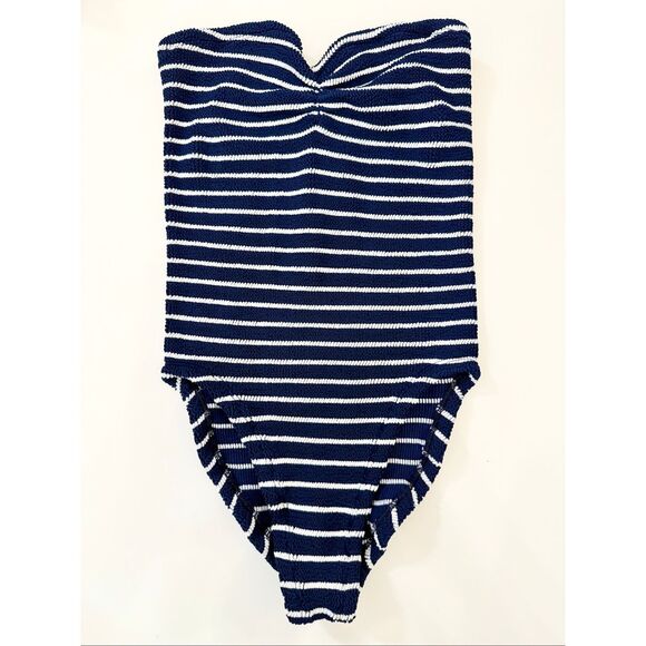 Hunza G Navy Blue Brooke Striped Crinkle Swimsuit One Piece One Size Strapless - Picture 1 of 5